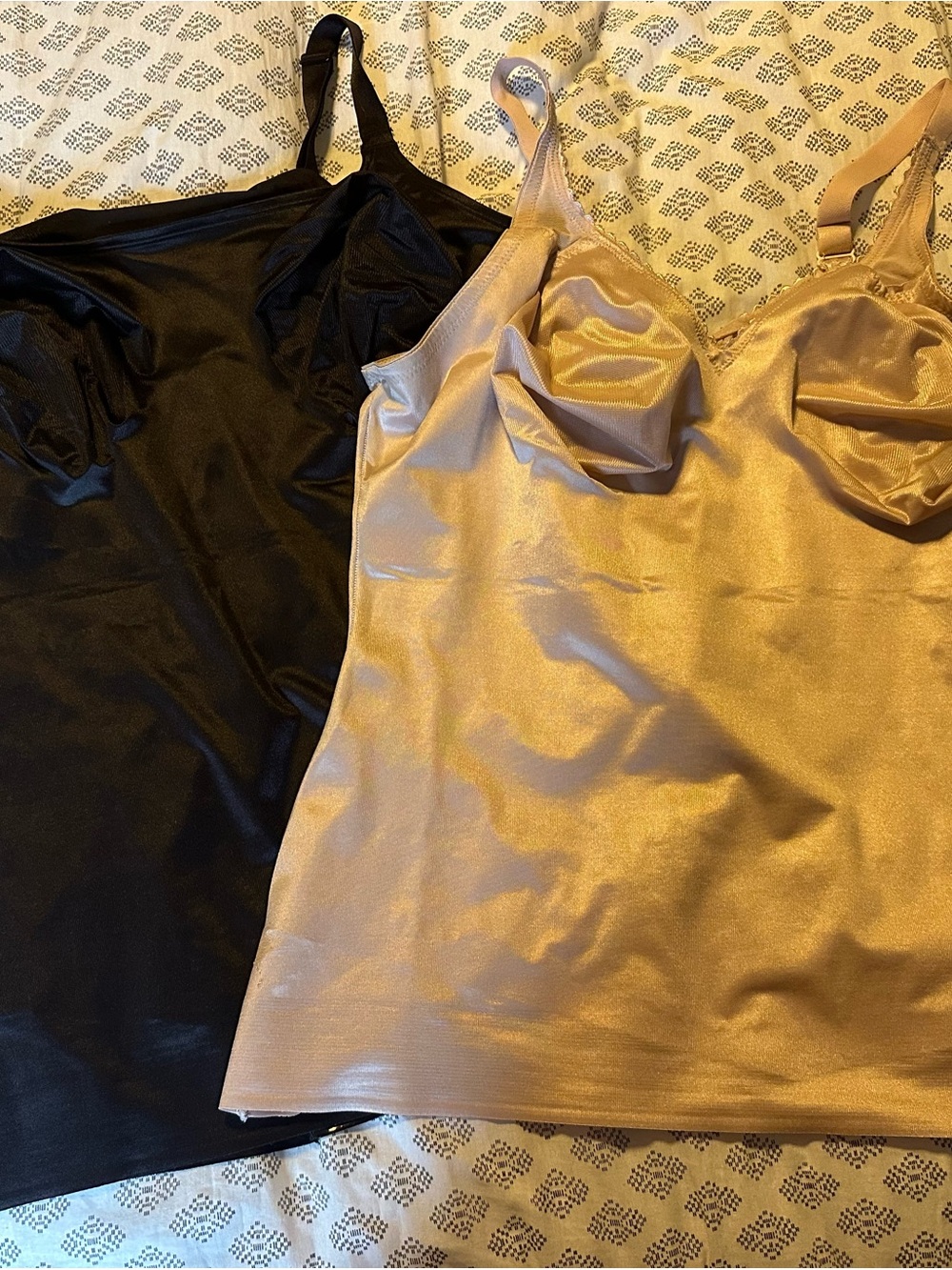 2 Ruby Ribbon Black and Beige Satin Camisole/Bra Camis  - Size 46